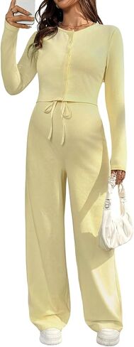 MakeMeChic Women's Maternity Two Piece Summer Sets Button Down Shirt Drawstring Pants Pregnancy Outfits in Kuwait