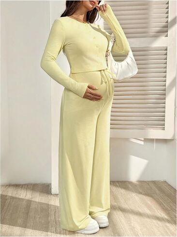 MakeMeChic Women's Maternity Two Piece Summer Sets Button Down Shirt Drawstring Pants Pregnancy Outfits in Kuwait
