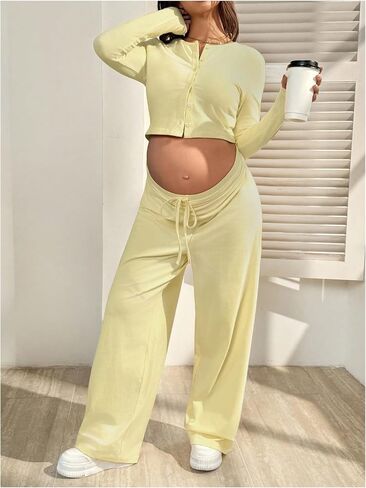 MakeMeChic Women's Maternity Two Piece Summer Sets Button Down Shirt Drawstring Pants Pregnancy Outfits in Kuwait