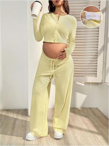 MakeMeChic Women's Maternity Two Piece Summer Sets Button Down Shirt Drawstring Pants Pregnancy Outfits in Kuwait