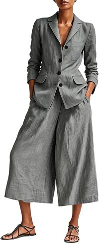Business Casual Outfits for Women Summer Cotton Linen Suits Long Sleeve Blazer & Wide Leg Capris Set Matching Sets in Saudi Arabia