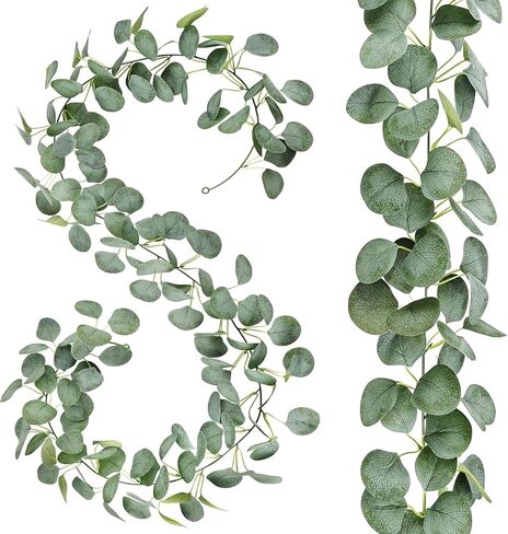 2 Pack Artificial Eucalyptus Garland: 12ft Silver Dollar Eucalyptus Leaves Vines with 156 Leaves - Handmade Faux Silk Leaf Greenery Garland for Table Wedding Party Mantel Wall Indoor Outdoor Decor in Kuwait