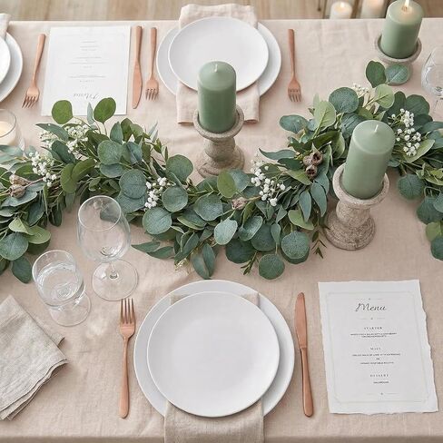 2 Pack Artificial Eucalyptus Garland: 12ft Silver Dollar Eucalyptus Leaves Vines with 156 Leaves - Handmade Faux Silk Leaf Greenery Garland for Table Wedding Party Mantel Wall Indoor Outdoor Decor in Kuwait