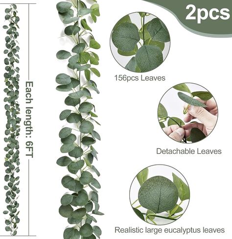 2 Pack Artificial Eucalyptus Garland: 12ft Silver Dollar Eucalyptus Leaves Vines with 156 Leaves - Handmade Faux Silk Leaf Greenery Garland for Table Wedding Party Mantel Wall Indoor Outdoor Decor in Kuwait