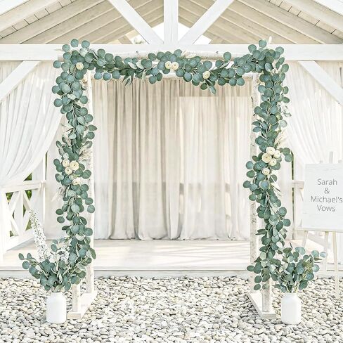 2 Pack Artificial Eucalyptus Garland: 12ft Silver Dollar Eucalyptus Leaves Vines with 156 Leaves - Handmade Faux Silk Leaf Greenery Garland for Table Wedding Party Mantel Wall Indoor Outdoor Decor in Kuwait