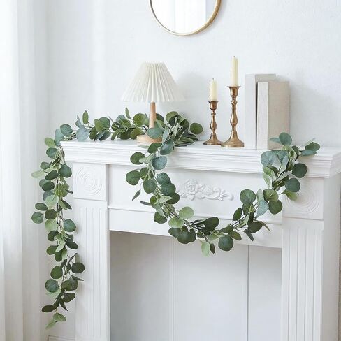 2 Pack Artificial Eucalyptus Garland: 12ft Silver Dollar Eucalyptus Leaves Vines with 156 Leaves - Handmade Faux Silk Leaf Greenery Garland for Table Wedding Party Mantel Wall Indoor Outdoor Decor in Kuwait