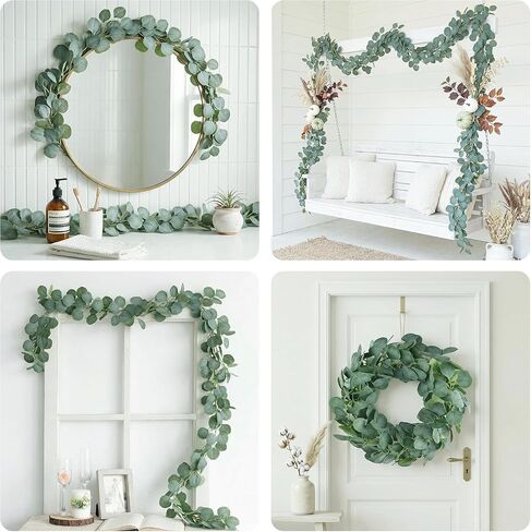 2 Pack Artificial Eucalyptus Garland: 12ft Silver Dollar Eucalyptus Leaves Vines with 156 Leaves - Handmade Faux Silk Leaf Greenery Garland for Table Wedding Party Mantel Wall Indoor Outdoor Decor in Kuwait