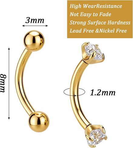 2 Pcs Gold Rook Piercing Jewelry, 16G Threaded Rook Piercing Jewelry, Surgical Steel Eyebrow Rings for Women Men, CZ Tiny Labret Curved Barbell Daith Eyebrows Rings in Saudi Arabia