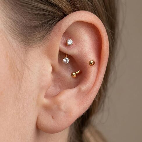 2 Pcs Gold Rook Piercing Jewelry, 16G Threaded Rook Piercing Jewelry, Surgical Steel Eyebrow Rings for Women Men, CZ Tiny Labret Curved Barbell Daith Eyebrows Rings in Saudi Arabia