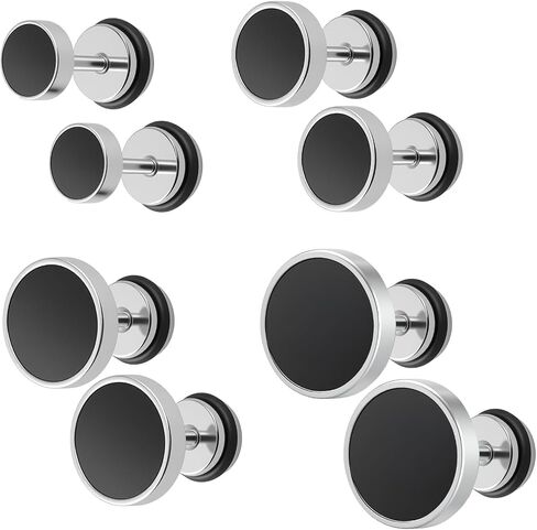 4 Pairs Multisize Stud Earrings for Men 6mm 8mm 10mm 12mm, Stainless Steel Black and Silver Screw Back Earrings Set, Flat Back Hypoallergenic Piercing for Sensitive Ears in Saudi Arabia