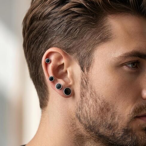 4 Pairs Multisize Stud Earrings for Men 6mm 8mm 10mm 12mm, Stainless Steel Black and Silver Screw Back Earrings Set, Flat Back Hypoallergenic Piercing for Sensitive Ears in Saudi Arabia