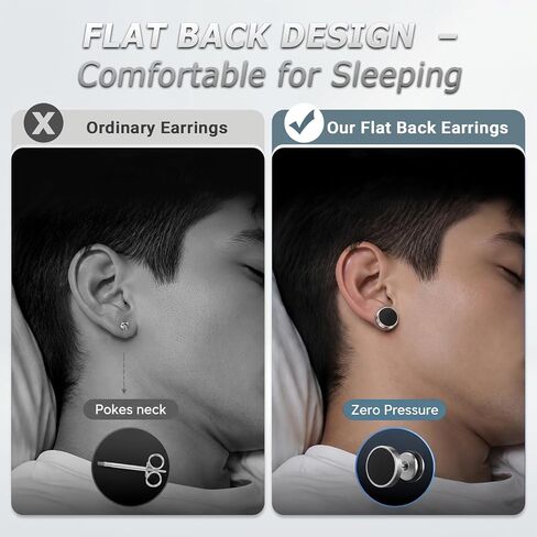 4 Pairs Multisize Stud Earrings for Men 6mm 8mm 10mm 12mm, Stainless Steel Black and Silver Screw Back Earrings Set, Flat Back Hypoallergenic Piercing for Sensitive Ears in Saudi Arabia