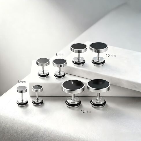 4 Pairs Multisize Stud Earrings for Men 6mm 8mm 10mm 12mm, Stainless Steel Black and Silver Screw Back Earrings Set, Flat Back Hypoallergenic Piercing for Sensitive Ears in Saudi Arabia