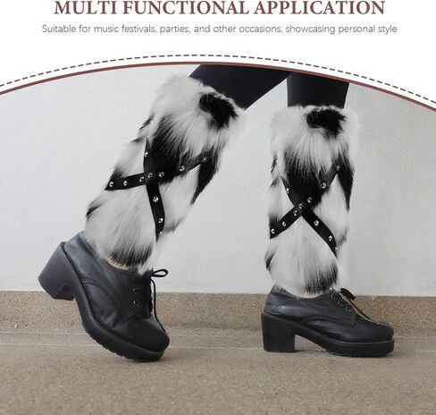 Faux Fur Leg Warmers for Boots with Punk Studs, Black and White Cow Print Plush Boot, 30cm Warm Fluffy Leg Covers for Women Winter Festival Cosplay in Kuwait