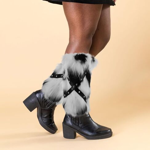 Faux Fur Leg Warmers for Boots with Punk Studs, Black and White Cow Print Plush Boot, 30cm Warm Fluffy Leg Covers for Women Winter Festival Cosplay in Kuwait