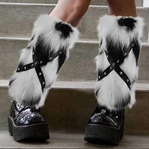 Faux Fur Leg Warmers for Boots with Punk Studs, Black and White Cow Print Plush Boot, 30cm Warm Fluffy Leg Covers for Women Winter Festival Cosplay in Kuwait