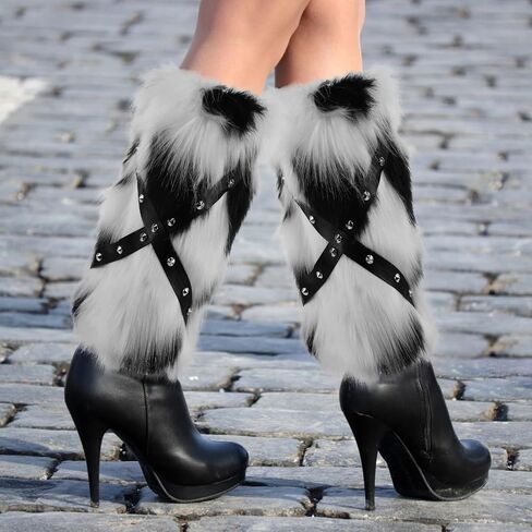 Faux Fur Leg Warmers for Boots with Punk Studs, Black and White Cow Print Plush Boot, 30cm Warm Fluffy Leg Covers for Women Winter Festival Cosplay in Kuwait