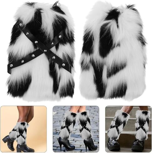 Faux Fur Leg Warmers for Boots with Punk Studs, Black and White Cow Print Plush Boot, 30cm Warm Fluffy Leg Covers for Women Winter Festival Cosplay in Kuwait