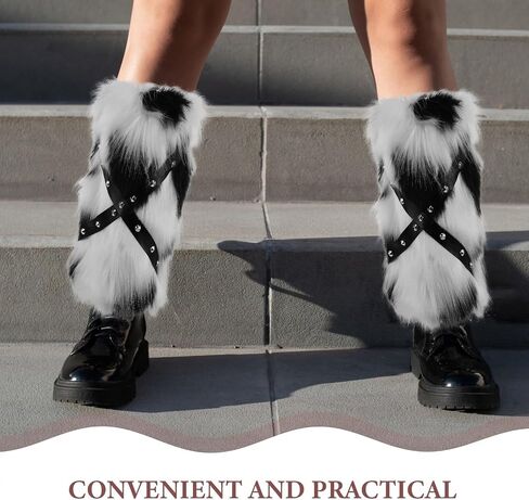 Faux Fur Leg Warmers for Boots with Punk Studs, Black and White Cow Print Plush Boot, 30cm Warm Fluffy Leg Covers for Women Winter Festival Cosplay in Kuwait