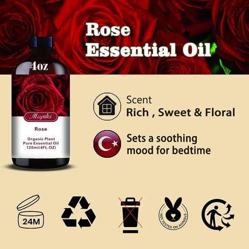 زيت الورد العطري، زيت الورد للعناية بالبشرة، التدليك، الناشر، المرطب، صابون DIY، شمعة، حمام، يوجا، هدية جاهزة، زيت عطر الورد - زيوت MLYNKL العطرية (4.33 أونصة سائلة / 130 مل) in Kuwait