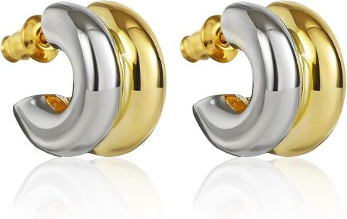 Double Hoop Earrings for Women, 14K Gold Plated Two Tone Gold & Silver Huggie Hoop Earrings, Lightweight Hypoallergenic Trendy Geometric Jewelry Gift in Saudi Arabia