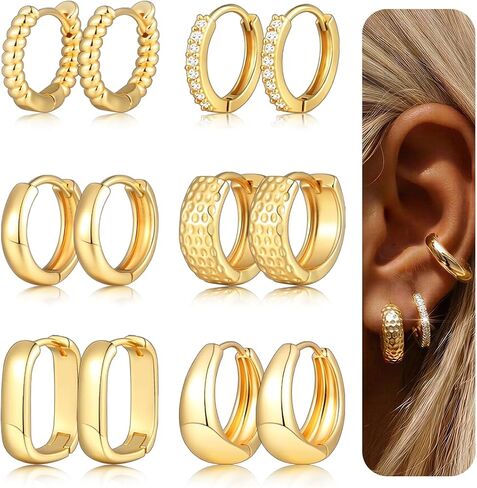 6 Pairs Gold Hoop Earrings Set for Women, 14K Gold Plated Lightweight Chunky Twisted Huggie Hoops, Hypoallergenic Small Thick Hoop Multipack Jewelry Gift in Saudi Arabia