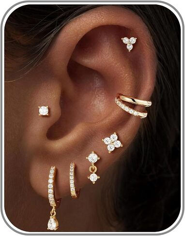 M MOOHAM Flat Back Earring Stacks for Women, Hypoallergenic 14k Real Gold Plated Hoop Stud Cartilage Earrings Stack Set Small Cute Helix Huggie Hoop Drop Earrings Trendy Jewelry Gifts for Women in Kuwait