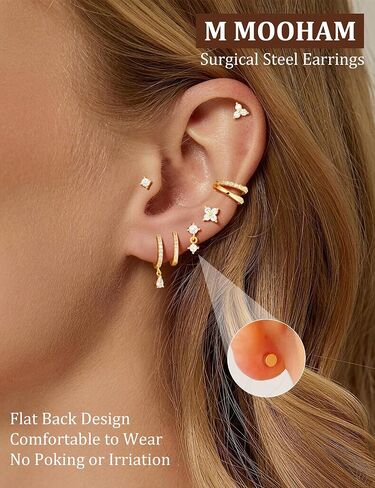 M MOOHAM Flat Back Earring Stacks for Women, Hypoallergenic 14k Real Gold Plated Hoop Stud Cartilage Earrings Stack Set Small Cute Helix Huggie Hoop Drop Earrings Trendy Jewelry Gifts for Women in Kuwait