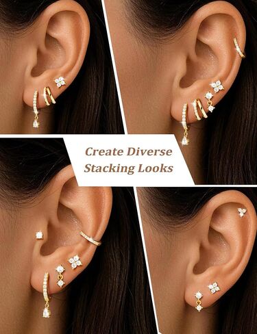M MOOHAM Flat Back Earring Stacks for Women, Hypoallergenic 14k Real Gold Plated Hoop Stud Cartilage Earrings Stack Set Small Cute Helix Huggie Hoop Drop Earrings Trendy Jewelry Gifts for Women in Kuwait