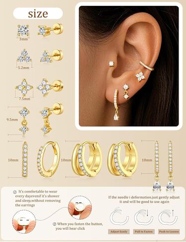 M MOOHAM Flat Back Earring Stacks for Women, Hypoallergenic 14k Real Gold Plated Hoop Stud Cartilage Earrings Stack Set Small Cute Helix Huggie Hoop Drop Earrings Trendy Jewelry Gifts for Women in Kuwait