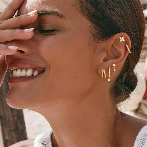 M MOOHAM Flat Back Earring Stacks for Women, Hypoallergenic 14k Real Gold Plated Hoop Stud Cartilage Earrings Stack Set Small Cute Helix Huggie Hoop Drop Earrings Trendy Jewelry Gifts for Women in Kuwait