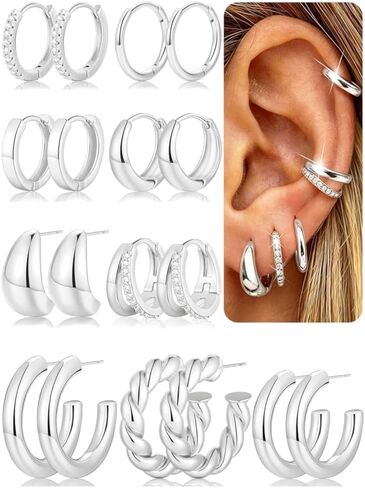 FAXHION 9 Pairs Gold Hoop Earrings for Women, 14K Gold Plated Chunky Hoop Earrings Set, Hypoallergenic Thick Lightweight Earring for Womens Jewelry Gifts in Kuwait