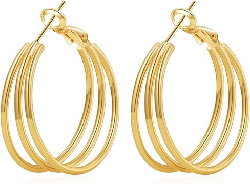 Senteria 925 Sterling Silver Post Hoop Earrings for Women Hypoallergenic Chunky Gold Plated Hoop Earrings Lightweight Triple Hollow Tube Large Hoops Earring for Women 25/30/40/50/60MM in Kuwait