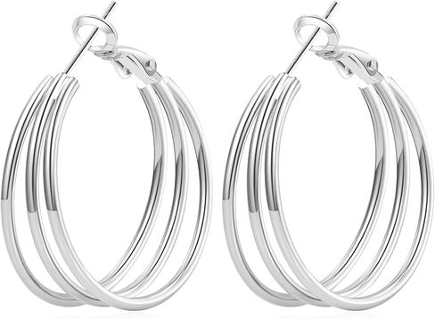 Senteria 925 Sterling Silver Post Hoop Earrings for Women Hypoallergenic Chunky Gold Plated Hoop Earrings Lightweight Triple Hollow Tube Large Hoops Earring for Women 25/30/40/50/60MM in Kuwait