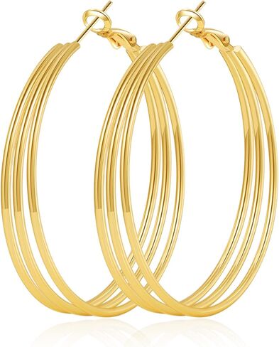 Senteria 925 Sterling Silver Post Hoop Earrings for Women Hypoallergenic Chunky Gold Plated Hoop Earrings Lightweight Triple Hollow Tube Large Hoops Earring for Women 25/30/40/50/60MM in Kuwait