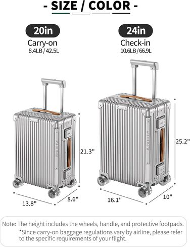 Carry On Luggage with Spinner Wheels and TSA Approved Hard Shell Suitcase with Aluminum Frame Zipperless Lightweight Luggage for Business Travel (Silver, 20in) in Kuwait