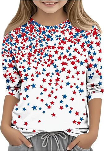 Kids American Flag 3/4 Sleeve T-Shirt 4th of July Patriotic Stars Stripes Print Crew Neck Tee Tops for Girls 3-12 Years in Saudi Arabia