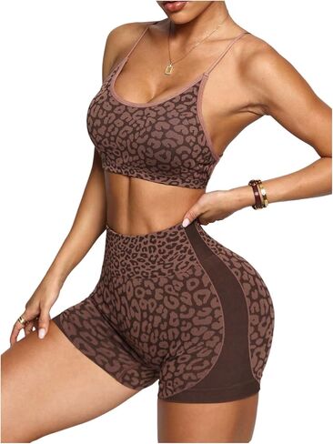Verdusa Women's 2 Piece Workout Sets Leopard Print Sport Bras with Biker Shorts Pilates Outfits in Kuwait