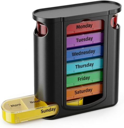 Weekly Pill Organizer,7 Day Pill Organizer 4 Times a Day Medication Reminder, Medicine Organizer with 7 Individual Stacking Cases for Medication, Vitamins, Fish Oils,Supplements (Model 4.0) in Kuwait