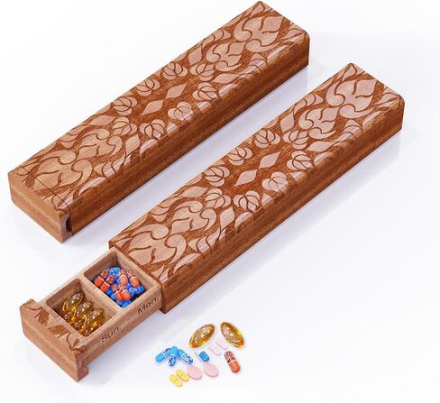 Wooden 7 Day Pill Organizer, Daily Once-a-Day Pill Box, Portable Travel Pill Case with Medium Compartments, Arthritis Friendly for Weekly Medication & Vitamin Tracking (Sapele-STD) in Saudi Arabia