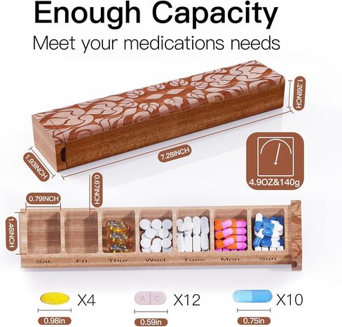 Wooden 7 Day Pill Organizer, Daily Once-a-Day Pill Box, Portable Travel Pill Case with Medium Compartments, Arthritis Friendly for Weekly Medication & Vitamin Tracking (Sapele-STD) in Saudi Arabia