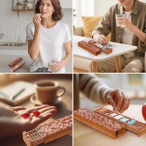 Wooden 7 Day Pill Organizer, Daily Once-a-Day Pill Box, Portable Travel Pill Case with Medium Compartments, Arthritis Friendly for Weekly Medication & Vitamin Tracking (Sapele-STD) in Saudi Arabia