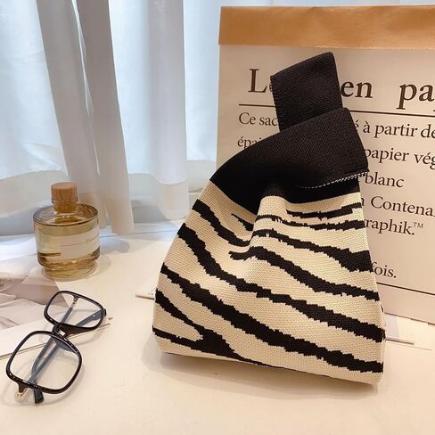 Bi&Yamigeo Mini Knit Knot Bag,Small Zebra Wristlet Crochet Tote Purse,White and Black Striped Wrist Handbag for Women in Saudi Arabia