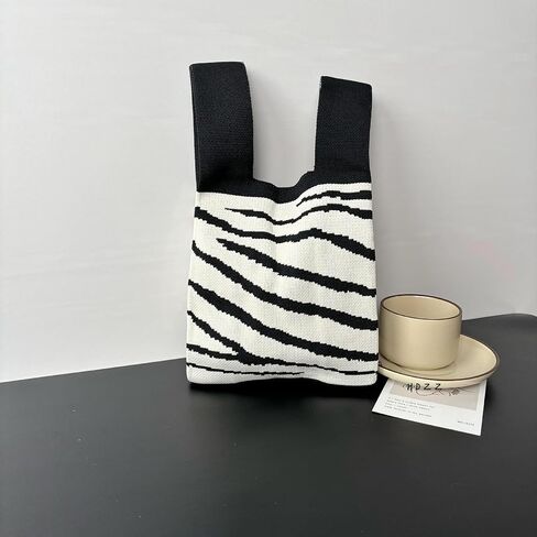 Bi&Yamigeo Mini Knit Knot Bag,Small Zebra Wristlet Crochet Tote Purse,White and Black Striped Wrist Handbag for Women in Saudi Arabia