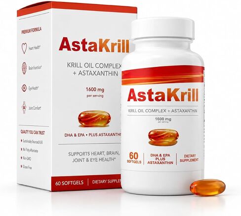 4 in 1 AstaKrill Pure Krill Oil Complex + Astaxanthin 1600mg Supplement for Heart & Joint Health, Omega-3, DHA & EPA, Supports Cognitive Function, Attention & Antioxidant Protection, 60 Softgels in Kuwait