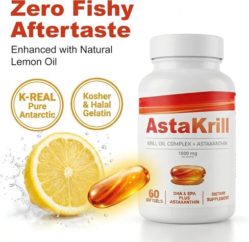 4 in 1 AstaKrill Pure Krill Oil Complex + Astaxanthin 1600mg Supplement for Heart & Joint Health, Omega-3, DHA & EPA, Supports Cognitive Function, Attention & Antioxidant Protection, 60 Softgels in Kuwait