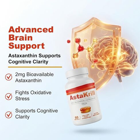 4 in 1 AstaKrill Pure Krill Oil Complex + Astaxanthin 1600mg Supplement for Heart & Joint Health, Omega-3, DHA & EPA, Supports Cognitive Function, Attention & Antioxidant Protection, 60 Softgels in Kuwait