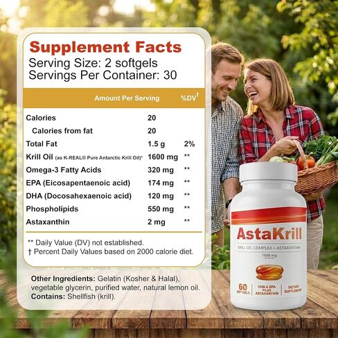 4 in 1 AstaKrill Pure Krill Oil Complex + Astaxanthin 1600mg Supplement for Heart & Joint Health, Omega-3, DHA & EPA, Supports Cognitive Function, Attention & Antioxidant Protection, 60 Softgels in Kuwait