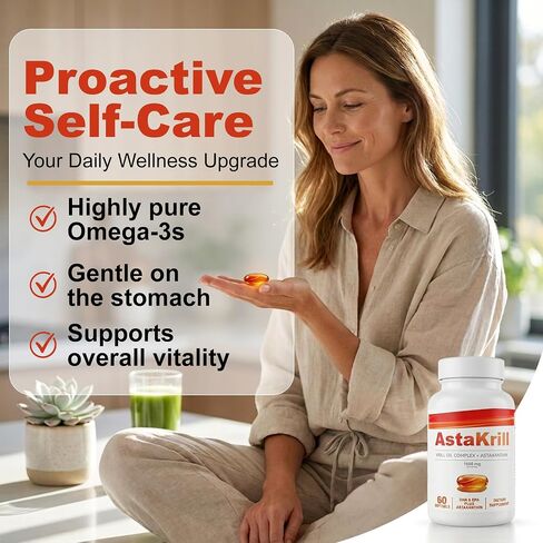 4 in 1 AstaKrill Pure Krill Oil Complex + Astaxanthin 1600mg Supplement for Heart & Joint Health, Omega-3, DHA & EPA, Supports Cognitive Function, Attention & Antioxidant Protection, 60 Softgels in Kuwait