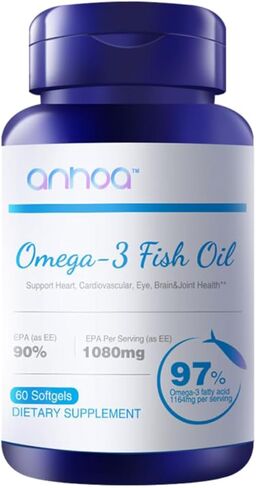 Anhoa 97% Omega 3 Fish Oil - 90% EPA 1080mg per Serving - Heart & Cardiovascular Health Support Supplement - IFOS 5-Star Certified, 60 Softgels in Kuwait